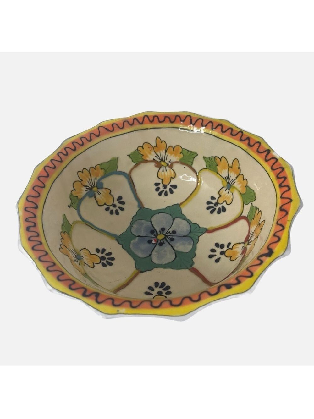TG Mexican Pottery Ceramic Serving Mixing Dish Floral Fruit Hand Painted